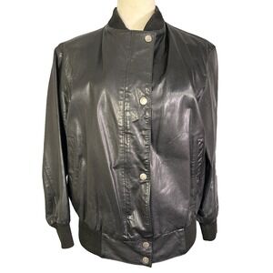 Black Leather Bomber Jacket Zip Front Snap Placket Ribbed Trim Mens Medium